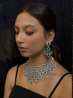 Tear drop stones with AD outline silver finish set with earrings and maangtika - Odara Jewellery
