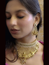 Load image into Gallery viewer, Broad laxmiji motif&#39;s choker with zircons embedded on mesh design with gold bead drop&#39;s