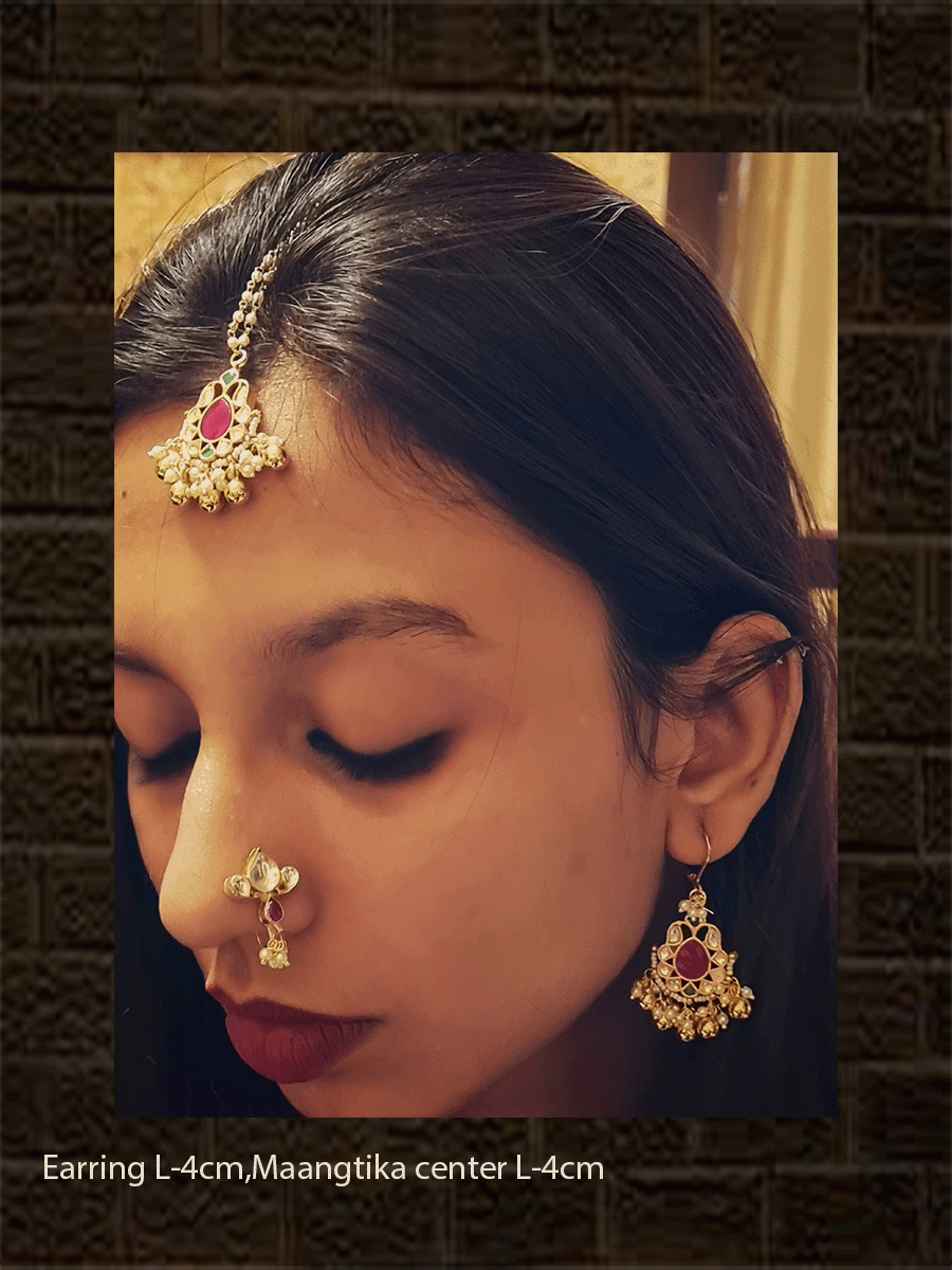 Pacchi Kundan leaf shaped earrings with maangtika in ruby and white - Odara Jewellery