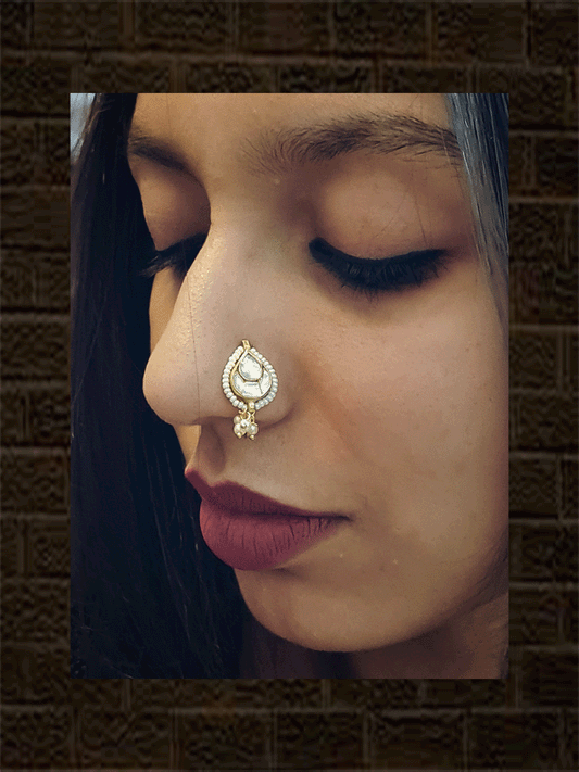 White leaf design pacchi Kundan with pirohi nath - Odara Jewellery