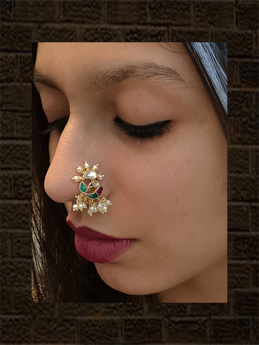 Pacchi Kundan peacock design multicoloured nath with hanging beads - Odara Jewellery