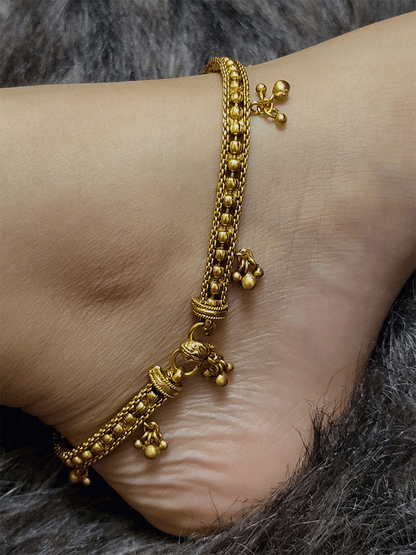 Gold bead design in between chains anklets with hanging ghunghru's - Odara Jewellery
