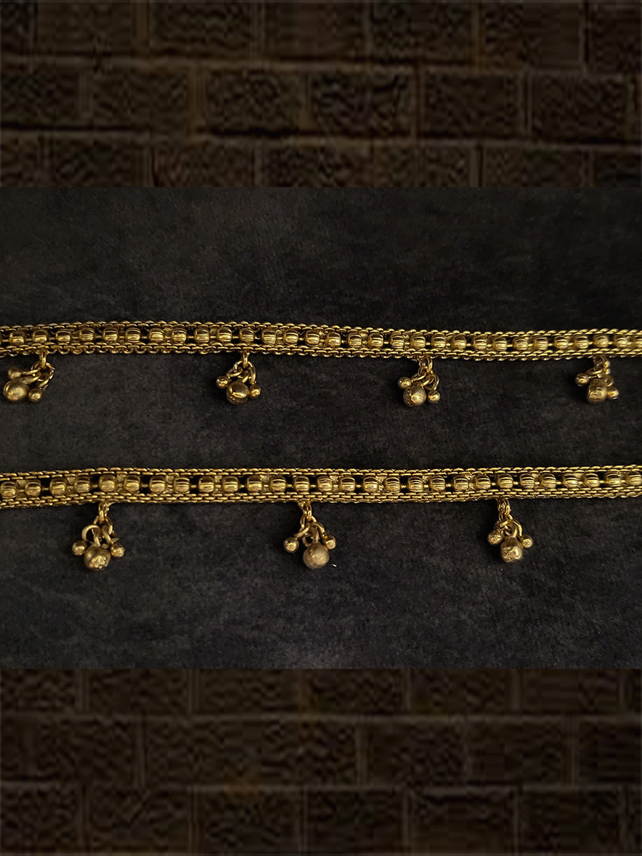 Gold bead design in between chains anklets with hanging ghunghru's - Odara Jewellery