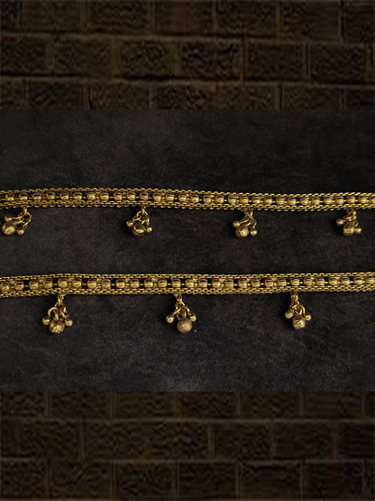 Gold bead design in between chains anklets with hanging ghunghru's - Odara Jewellery