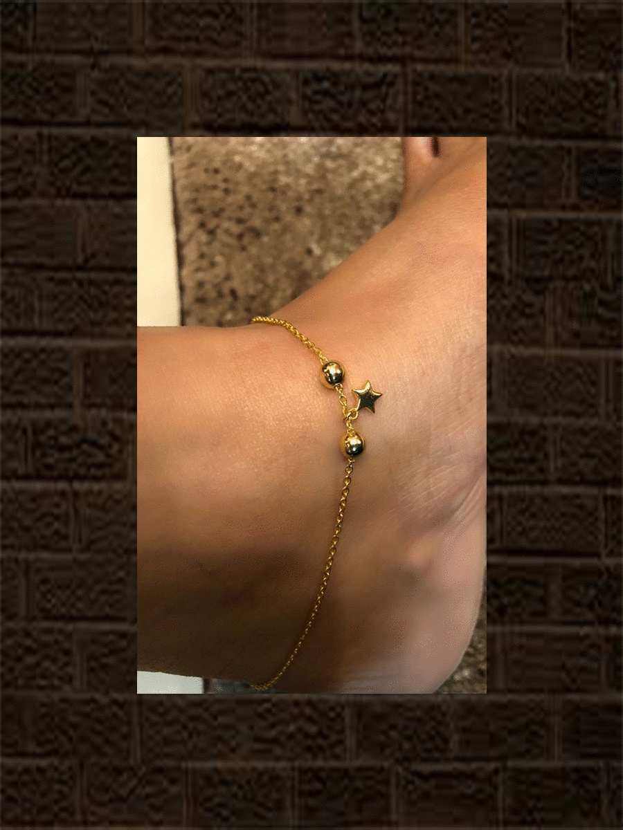 Sterling silver anklet with two gold beads and hanging star charm (single) - Odara Jewellery