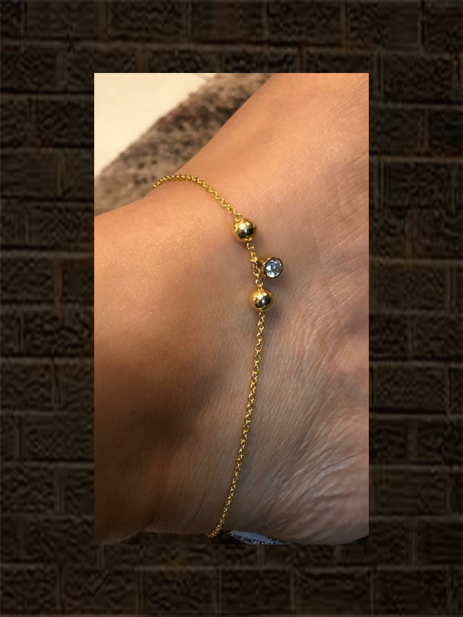 Sterling silver anklet with two gold beads and a cubic zirconia cut hanging charm(single) - Odara Jewellery