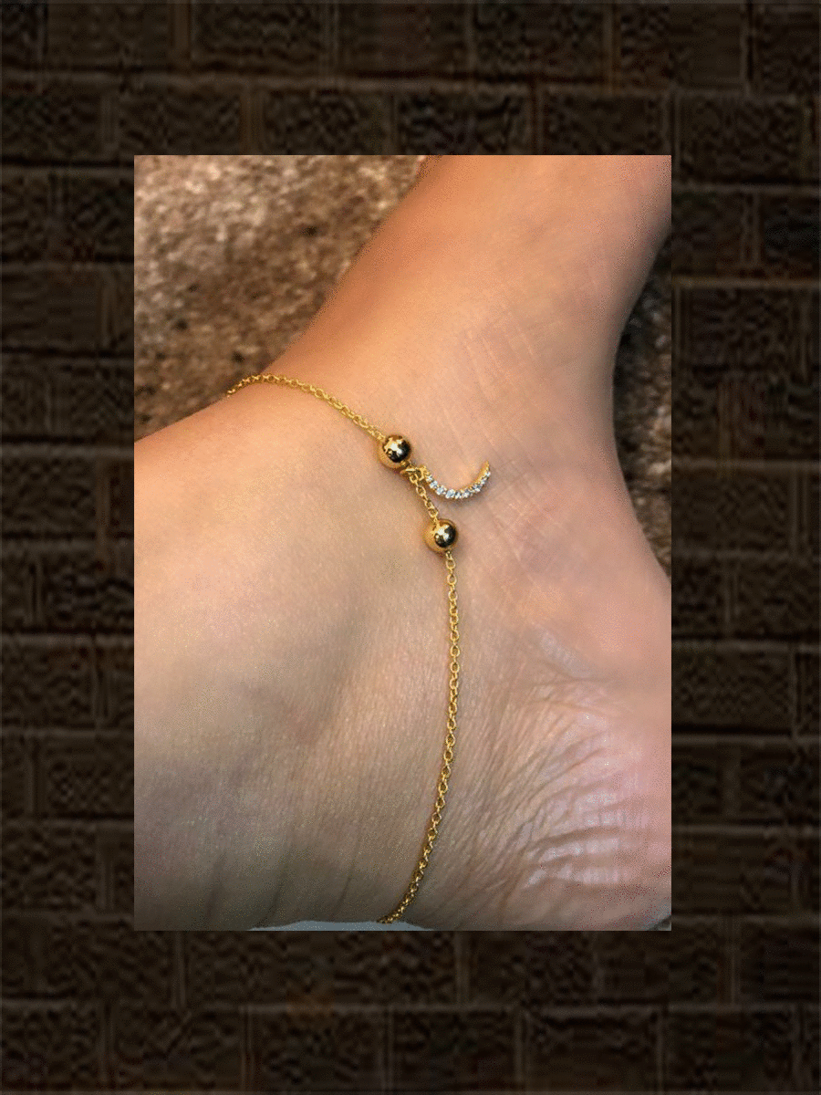 Sterling silver anklet with two gold beads and hanging half moon charm with studded zircon(single) - Odara Jewellery