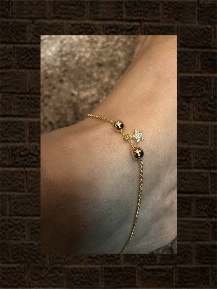 Sterling silver anklet with two gold beads and hanging star charm with studded zircon(single) - Odara Jewellery