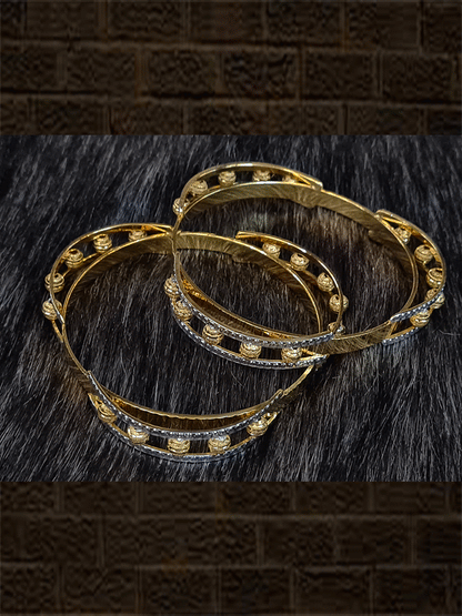 Set of two gold bangles with five gold beads design in two rhodium plated lines - Odara Jewellery