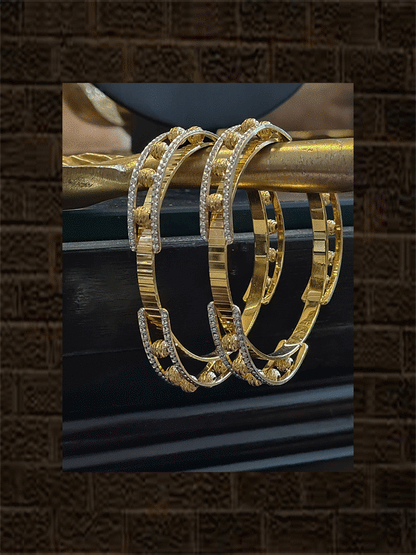 Set of two gold bangles with five gold beads design in two rhodium plated lines - Odara Jewellery