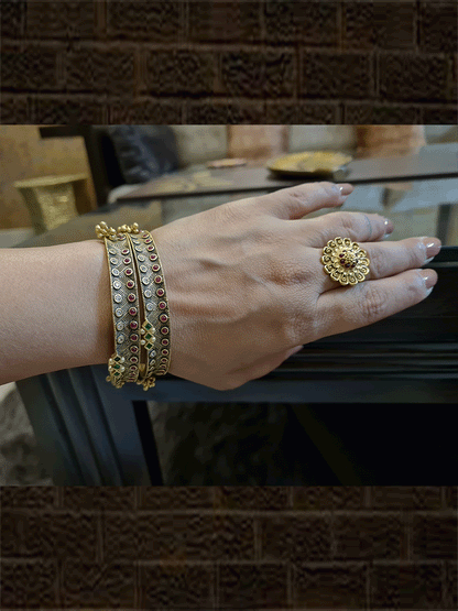 Black gold finish set of two kada's with polki,ruby and green stones and hanging ghunghru's - Odara Jewellery