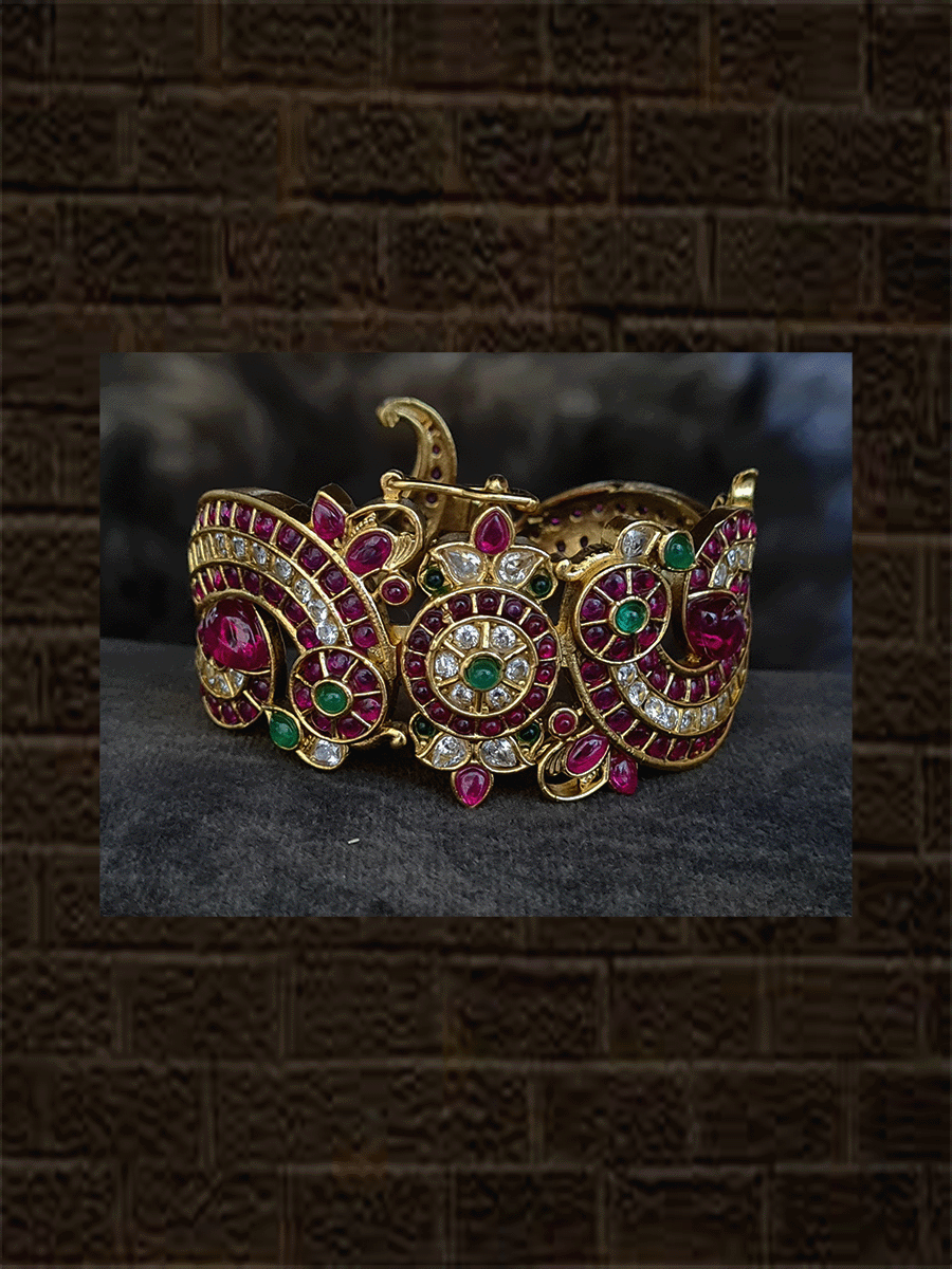 Peacock design broad ruby green and zircons openable kada(single) - Odara Jewellery