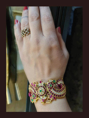 Peacock design broad ruby green and zircons openable kada(single) - Odara Jewellery