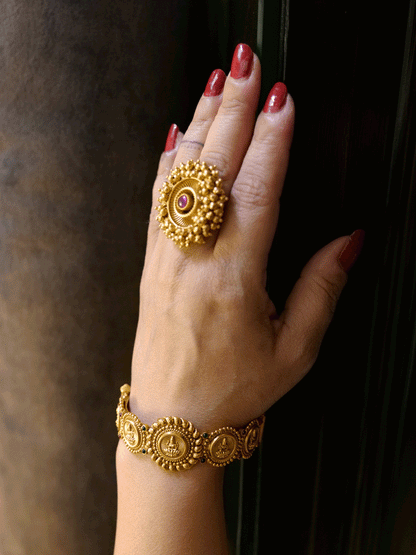 Set of two laxmiji coin design openable kadas with ruby and green stones - Odara Jewellery