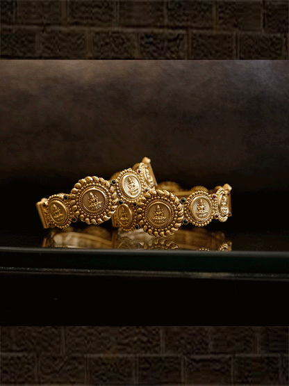 Set of two laxmiji coin design openable kadas with ruby and green stones - Odara Jewellery