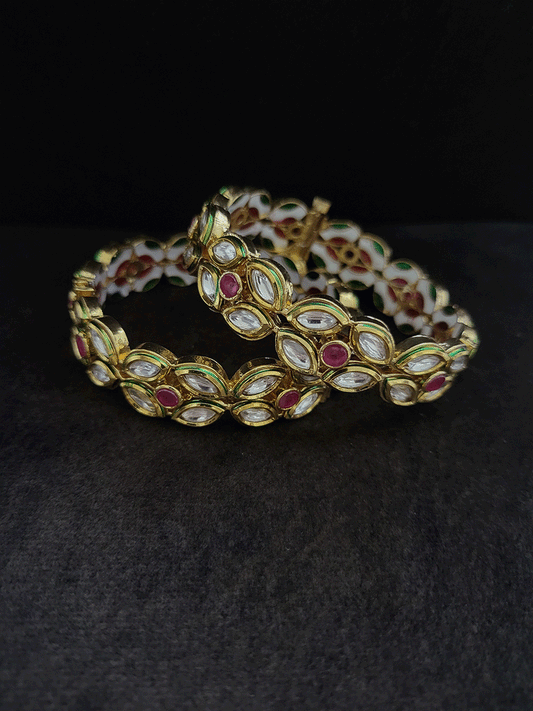 Leaf shaped kundans and ruby stones openable kadas(set of two) - Odara Jewellery