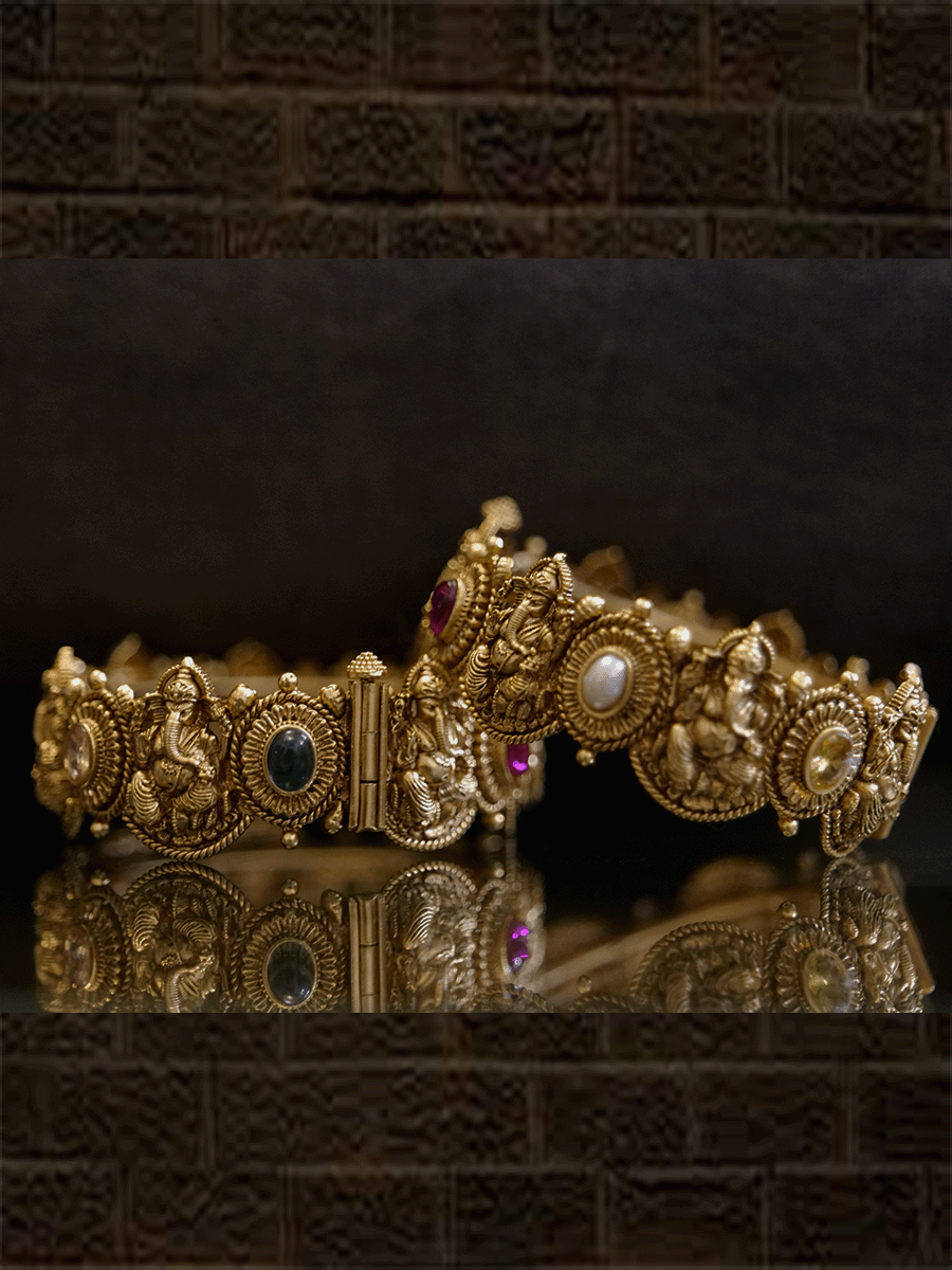Set of two openable stones studded ganpatiji motif's kadas - Odara Jewellery