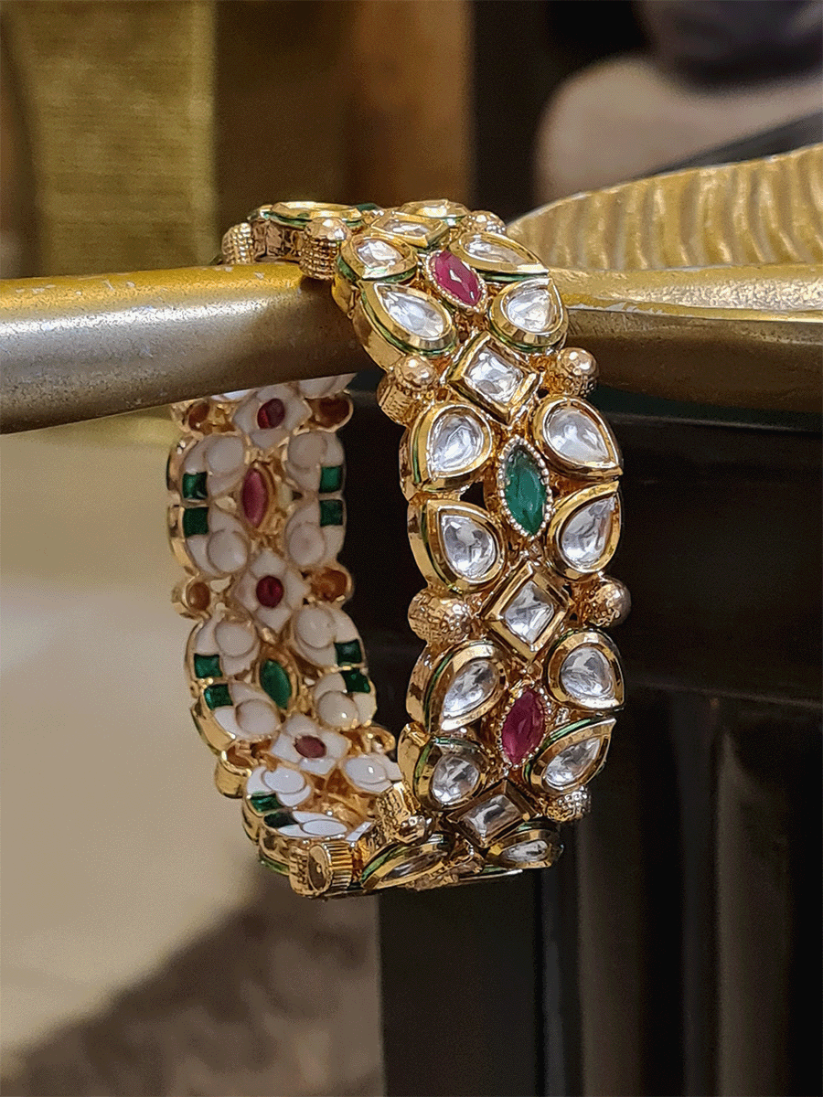 Set of two openable kundan kada's with ruby and green stones and gold beads - Odara Jewellery