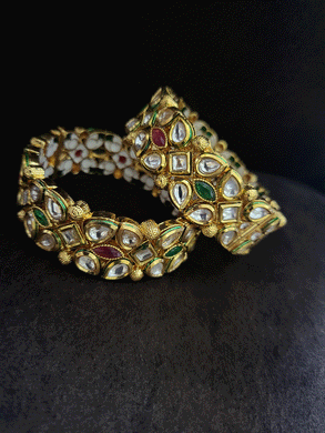 Set of two openable kundan kada's with ruby and green stones and gold beads - Odara Jewellery