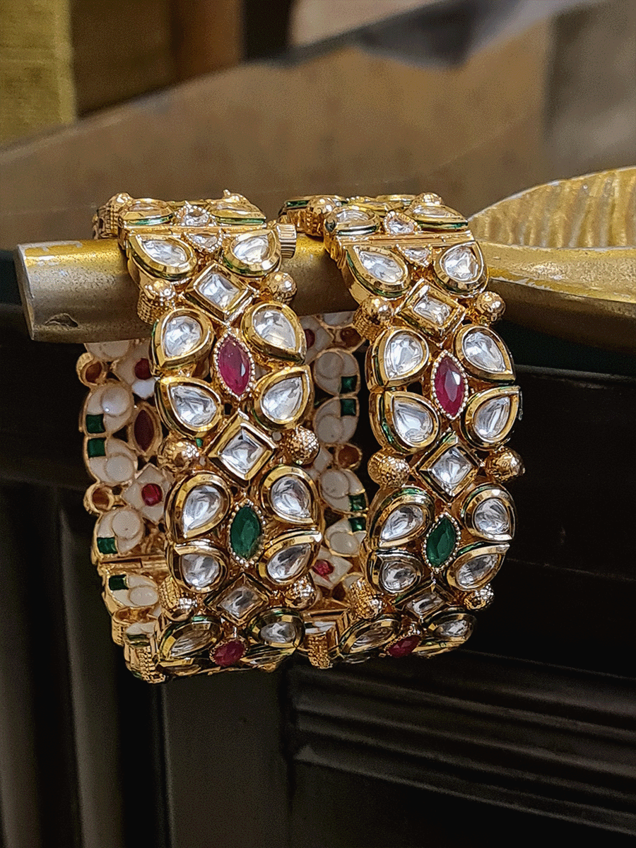 Set of two openable kundan kada's with ruby and green stones and gold beads - Odara Jewellery