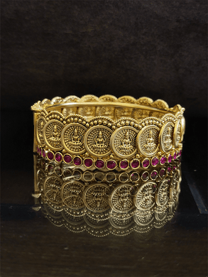 Set of two openable laxmiji coin kadas with ruby stone line - Odara Jewellery
