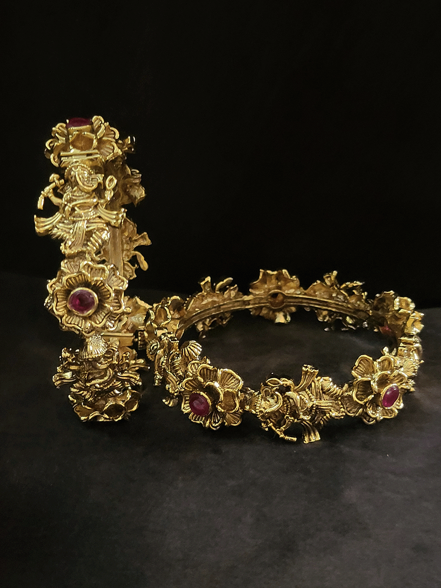 Set of two dancing ganpatiji openable kada's with ruby stone on flower design