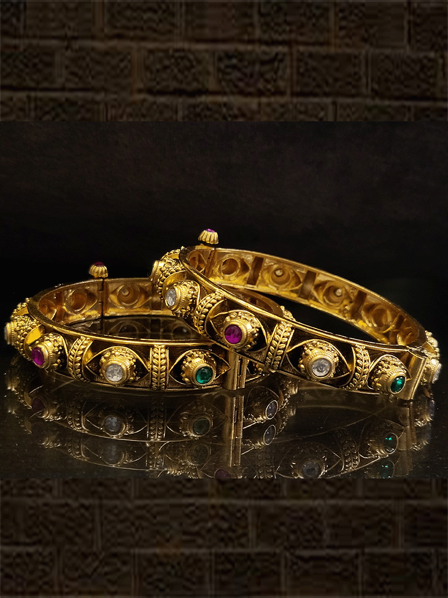 Kundan,ruby and green stones antique gold finish openable kadas(set of two) - Odara Jewellery