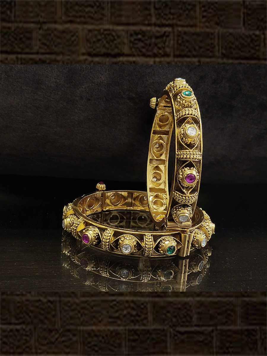 Kundan,ruby and green stones antique gold finish openable kadas(set of two) - Odara Jewellery