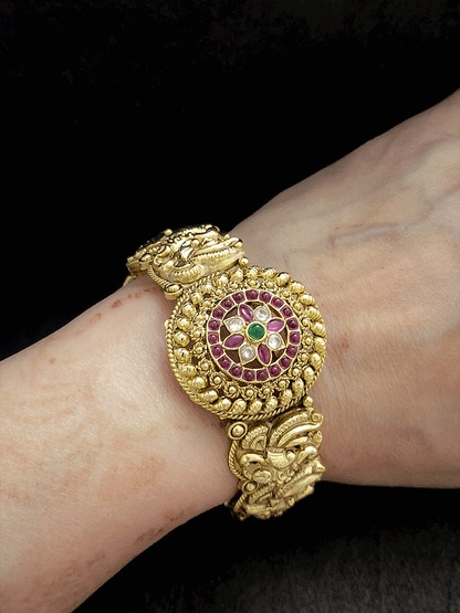 Circular design with ruby,green and white stones in peacock design openable kadas(set of two) - Odara Jewellery
