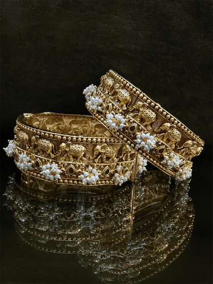 Broad elephant design openable pearly hanging kada's with ruby and green stones(set of two) - Odara Jewellery