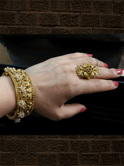 Broad elephant design openable pearly hanging kada's with ruby and green stones(set of two) - Odara Jewellery