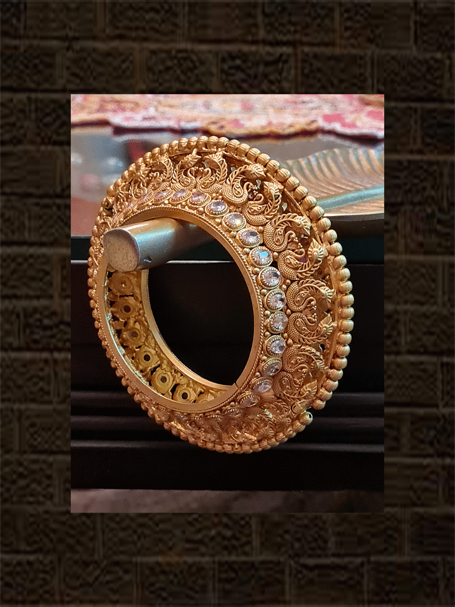 2'8' size peacock design broad pacheli type matt gold polki and ruby stone kada's - Odara Jewellery