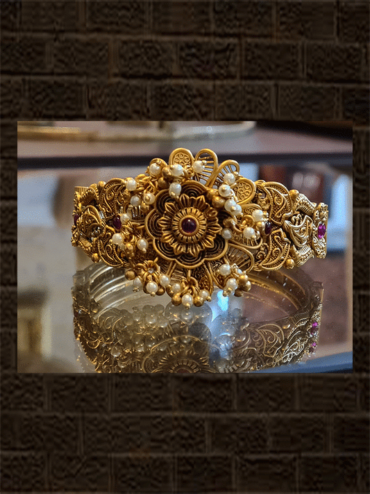 Ruby stone flower design pearly hangings openable kada - Odara Jewellery