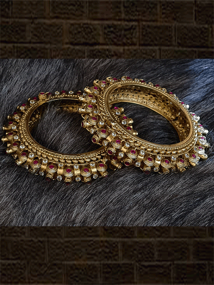 Polki and ruby stone studded circular design openable pacheli kada's (set of two) - Odara Jewellery