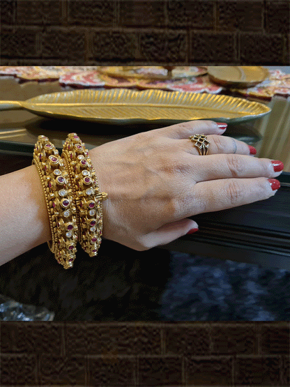 Polki and ruby stone studded circular design openable pacheli kada's (set of two) - Odara Jewellery