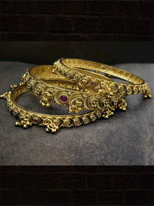 Set of three ghunghru hanging bangles with flower design on top(set of both hands)