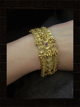 Load image into Gallery viewer, Set of three ghunghru hanging bangles with flower design on top(set of both hands)