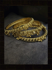 Set of three ghunghru hanging bangles with flower design on top(set of both hands)