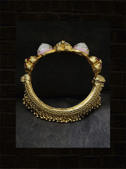 Single openable ghunghru hanging kada with pink and white enamel work