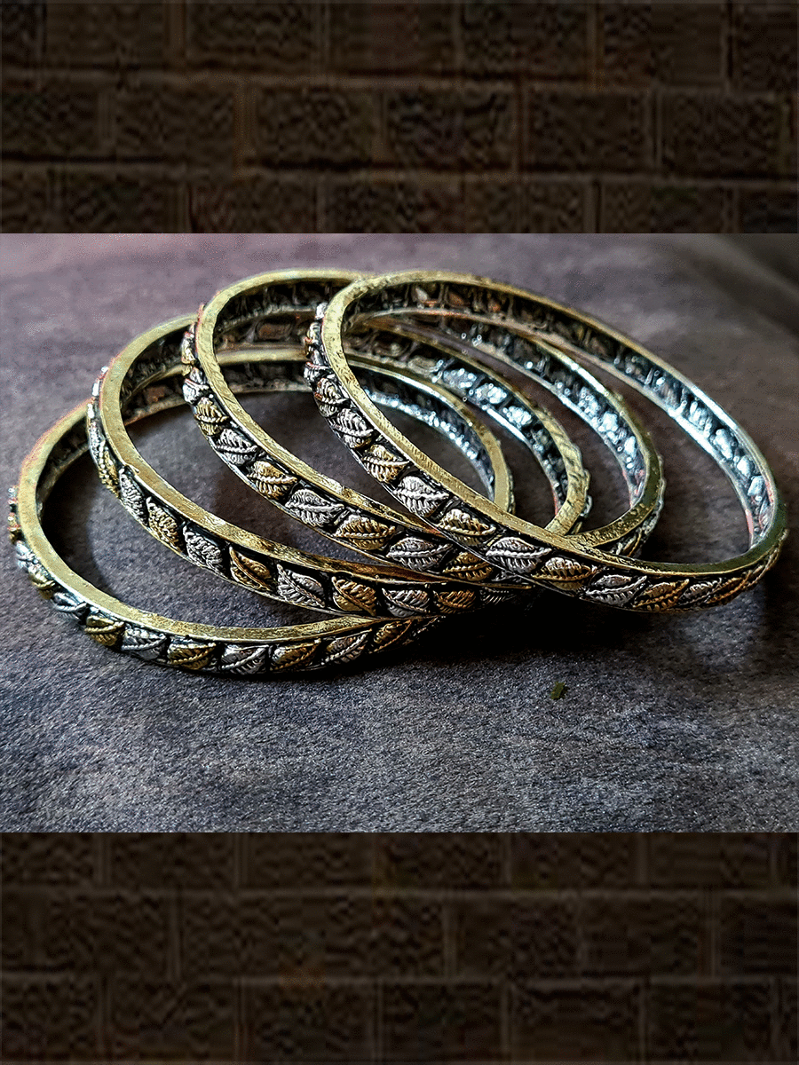 Leaf design oxidised dual tone bangles(set of four) - Odara Jewellery