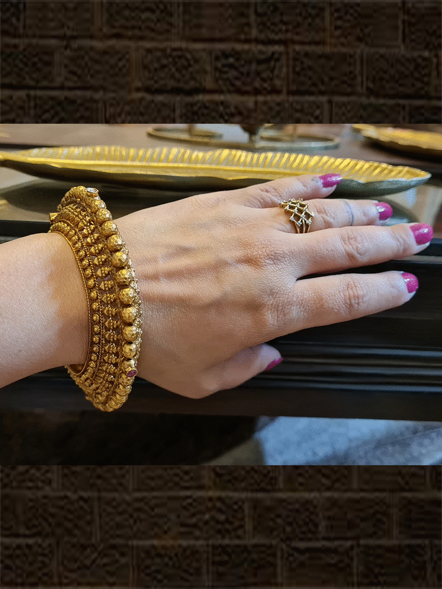 Set of two self design gold bead openable pacheli style kada's - Odara Jewellery