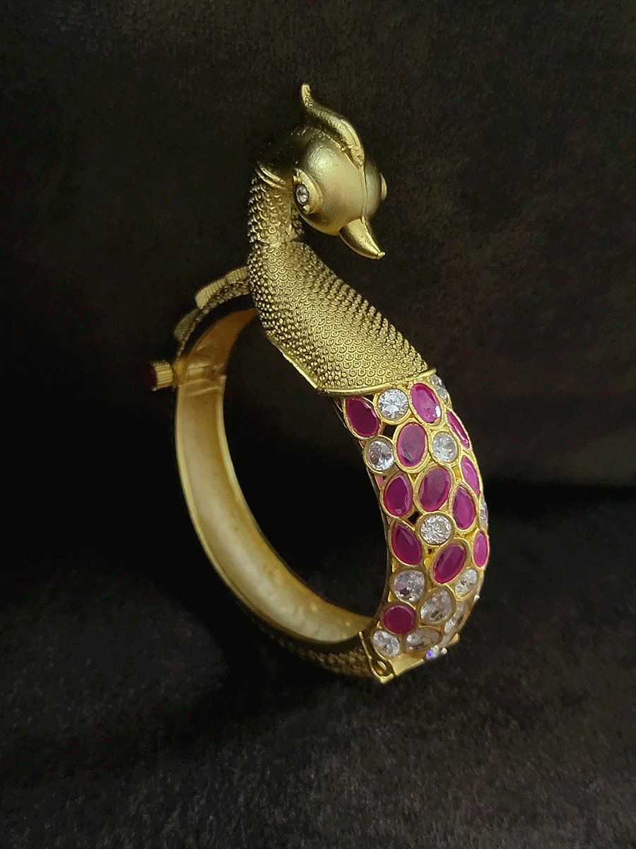 Peacock design single openable kada with ruby and white stones