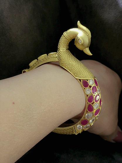 Peacock design single openable kada with ruby and white stones