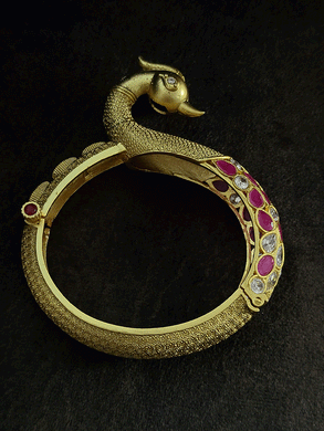 Peacock design single openable kada with ruby and white stones