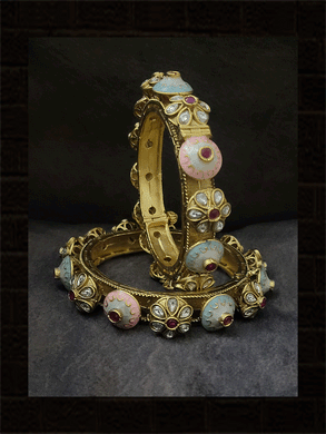 Set of two alternate kundan flower with pink and blue enamel openable pacheli type kadas