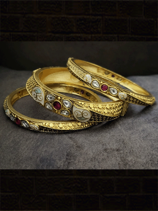 Set of three non openable bangles with. kundan and enamel in leaf design