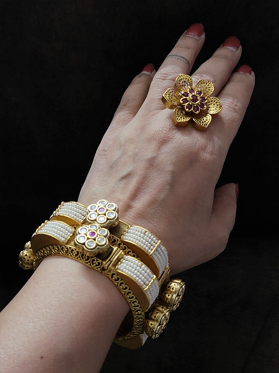Set of two white bead jadau with kundan flower kadas with side carving - Odara Jewellery