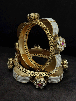 Set of two white bead jadau with kundan flower kadas with side carving - Odara Jewellery