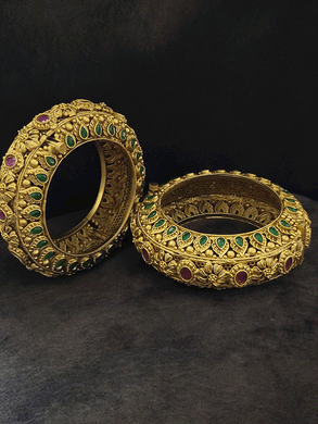 Set of two matt gold finish thick design ruby and green stones openable kada's