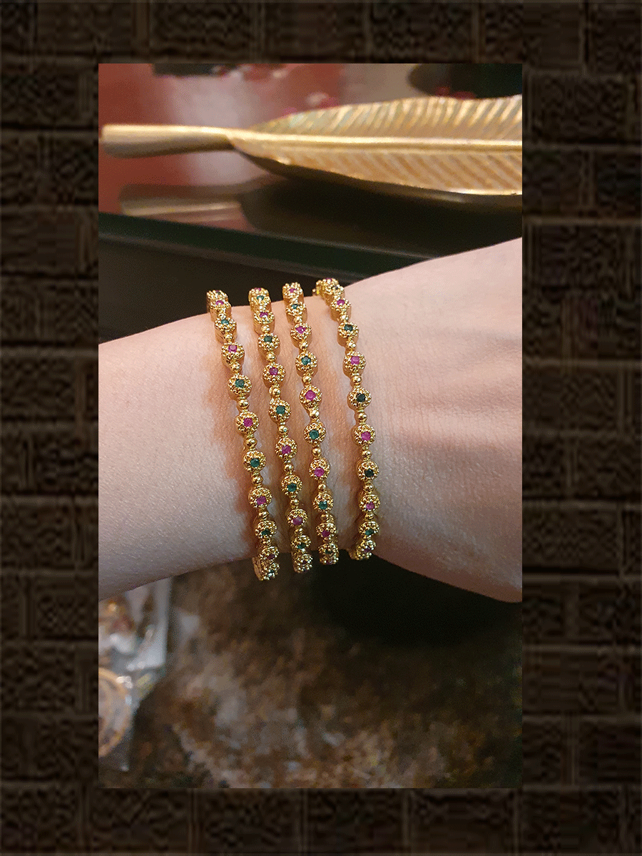 Rani and green stones in golden beads bangle(set of four) - Odara Jewellery
